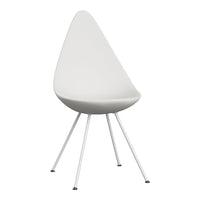 White modern chair with a sleek teardrop shape and shiny chrome legs, perfect for minimalist decor.