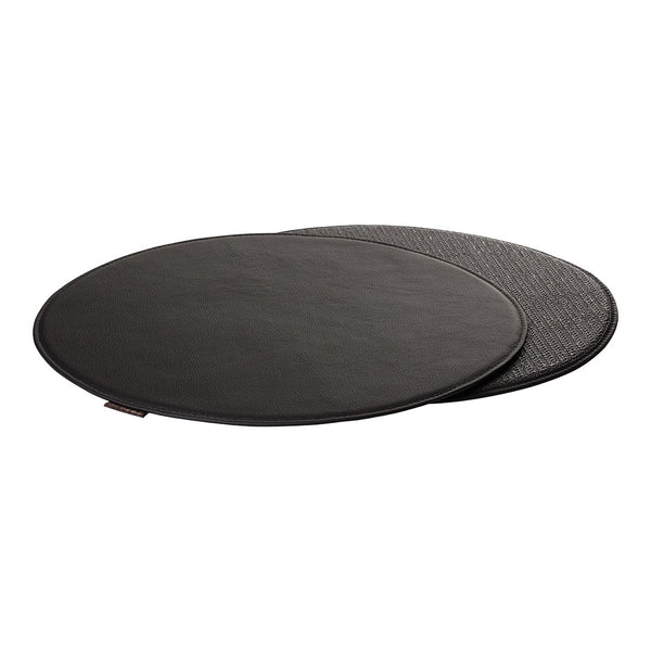 Set of two black round mats featuring a smooth and textured surface pattern. Perfect for stylish table settings.