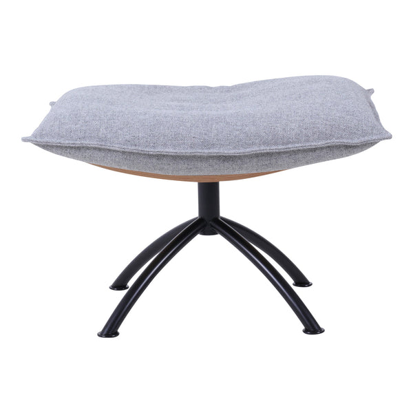 Gray upholstered ottoman with a smooth, rounded shape and a black metal base, showcasing minimalist design.