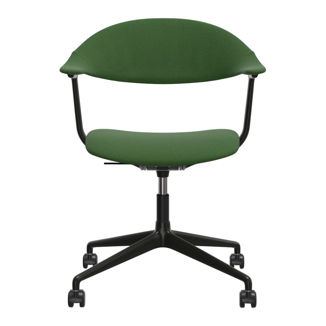 Green upholstered chair with a smooth, curved design and a sleek black base, perfect for modern decor.