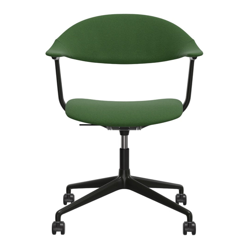 Green upholstered chair with a smooth, curved design and a sleek black base, perfect for modern decor.