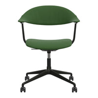 Green fabric chair with a minimalistic design and a sleek black base, perfect for modern decor.