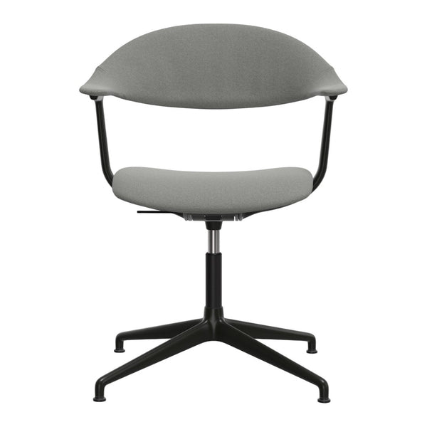 Gray upholstered chair with a sleek black metal base and minimalist design. Ideal for modern interiors.