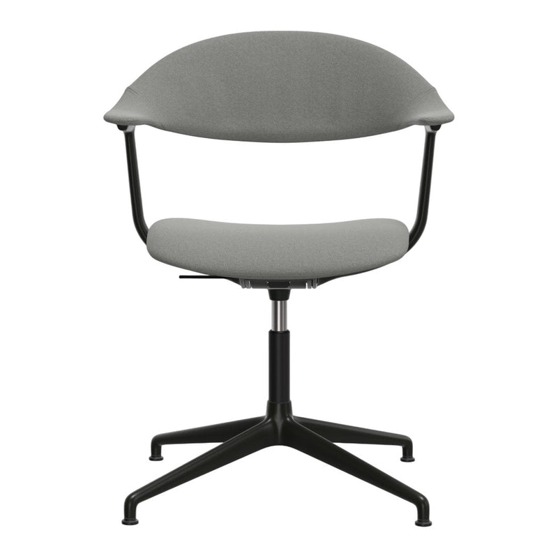 Gray upholstered chair with a sleek black metal base and minimalist design. Ideal for modern interiors.