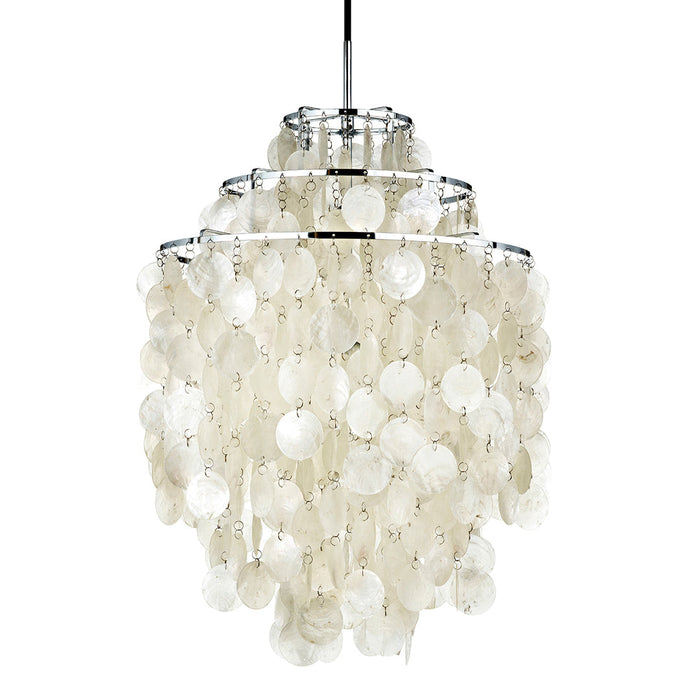 Elegant white chandelier with cascading circular discs and a sleek silver frame, creating a modern, airy design.