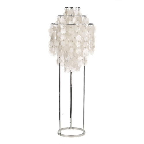 White, textured lampshade with a cascading design on a sleek silver frame, perfect for modern decor.