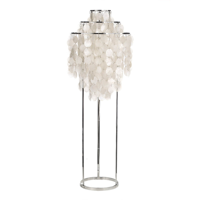 White, textured lampshade with a cascading design on a sleek silver frame, perfect for modern decor.