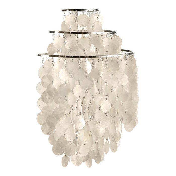 Elegant white chandelier with cascading circular discs and a sleek silver frame. Perfect for modern decor.