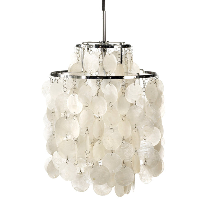 Elegant white shell chandelier with a shimmering, layered pattern and chrome accents, perfect for modern decor.