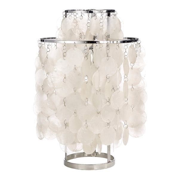 White cascading disc lamp with a sleek silver base, featuring a modern, translucent pattern. Perfect for any decor.