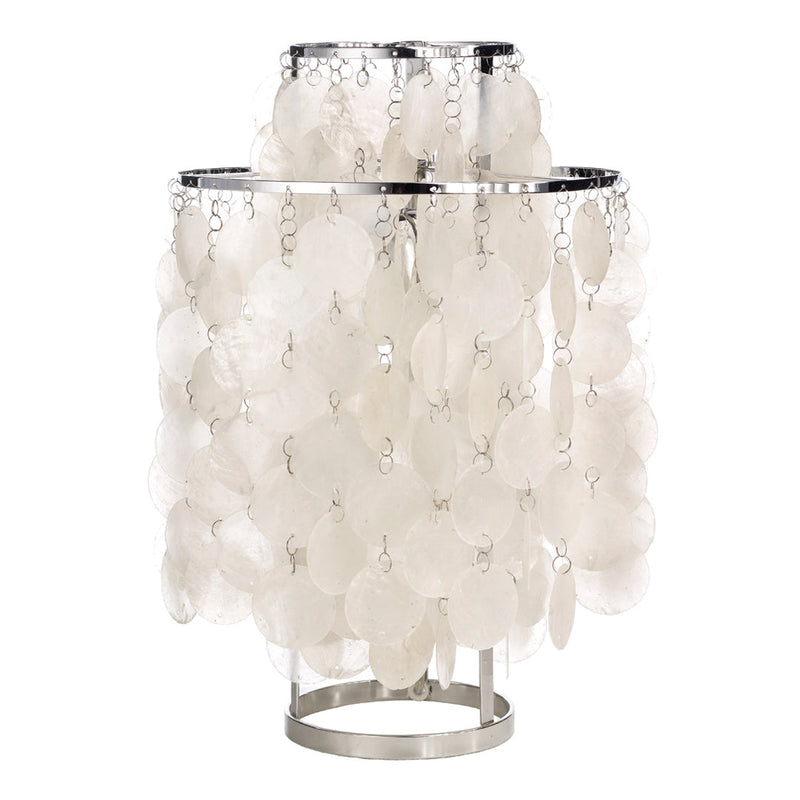 White cascading disc lamp with a sleek silver base, featuring a modern, translucent pattern. Perfect for any decor.