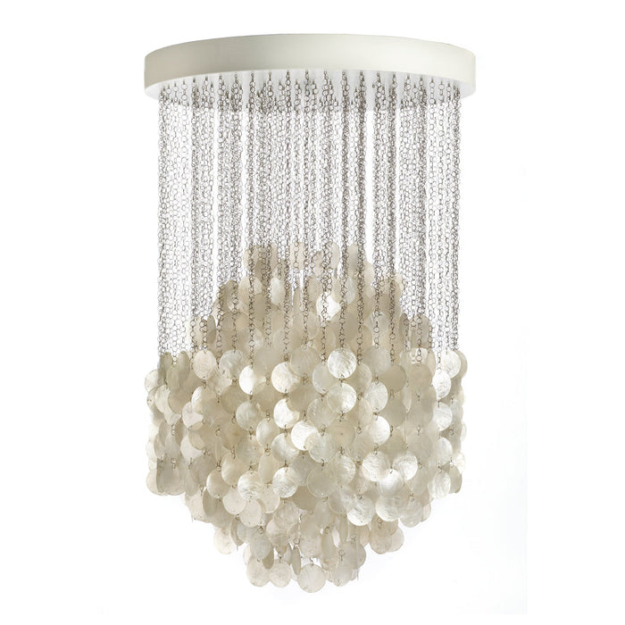 White chandelier with cascading silver chains and a round cluster of translucent, pearl-like discs. Modern and elegant design.