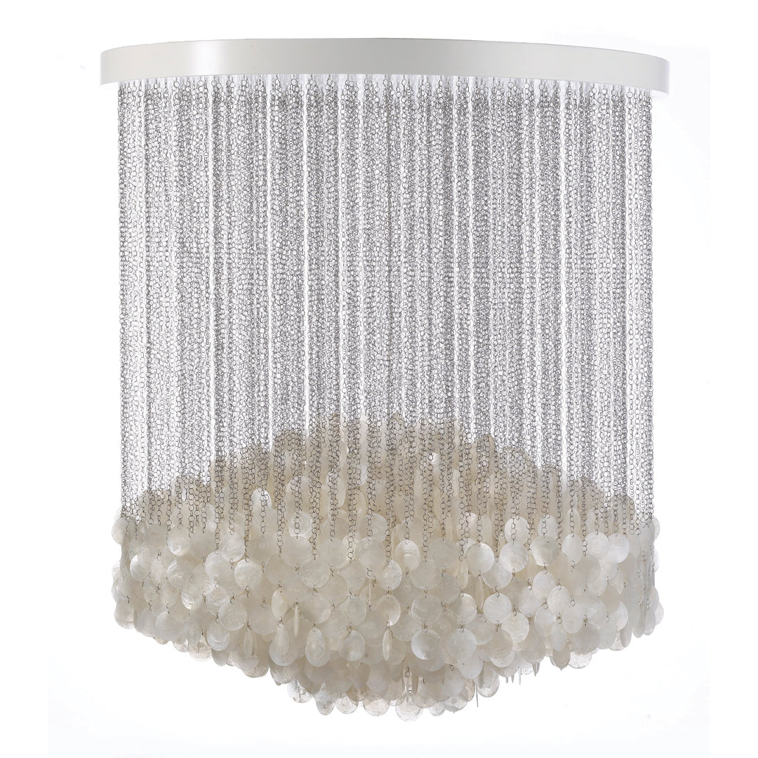 Translucent white pendant light with a modern, layered design featuring shimmering beads and delicate draping.