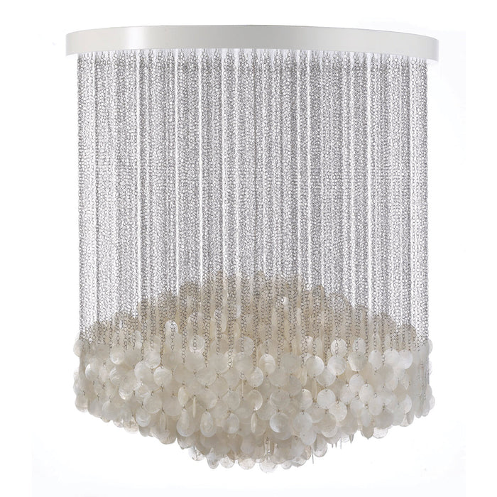 Translucent white pendant light with a modern, layered design featuring shimmering beads and delicate draping.