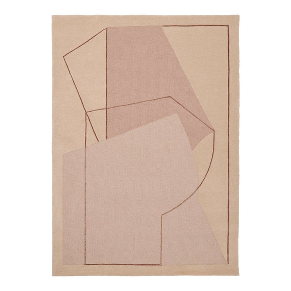 Abstract geometric rug featuring soft pink and beige tones with minimalist line detailing. Perfect for modern decor.