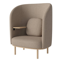 Beige upholstered chair with a smooth texture and minimalist design, featuring a round seat and wooden legs.