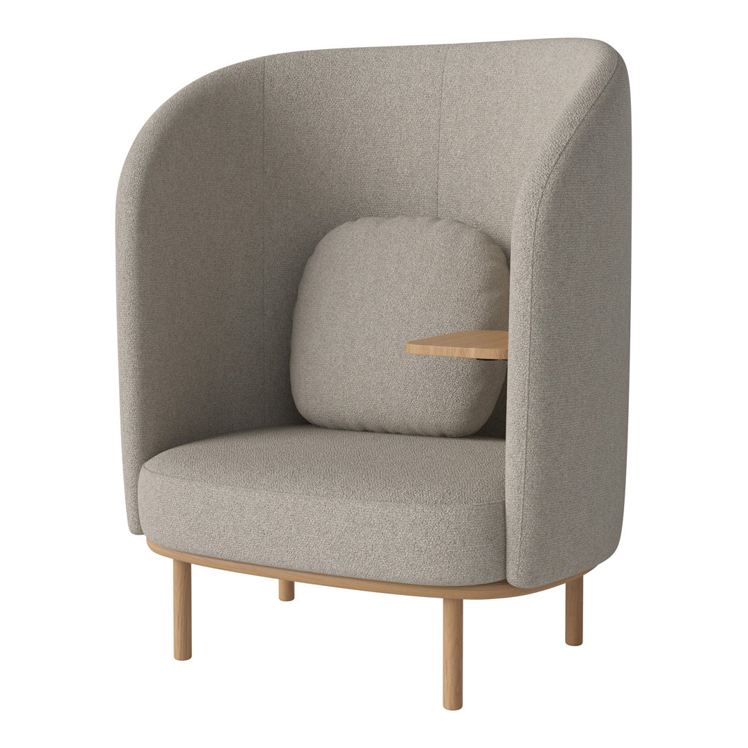 Gray upholstered armchair with smooth fabric, featuring a simple wooden side table and clean, modern design.