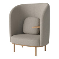 Gray upholstered armchair with smooth fabric, featuring a simple wooden side table and clean, modern design.