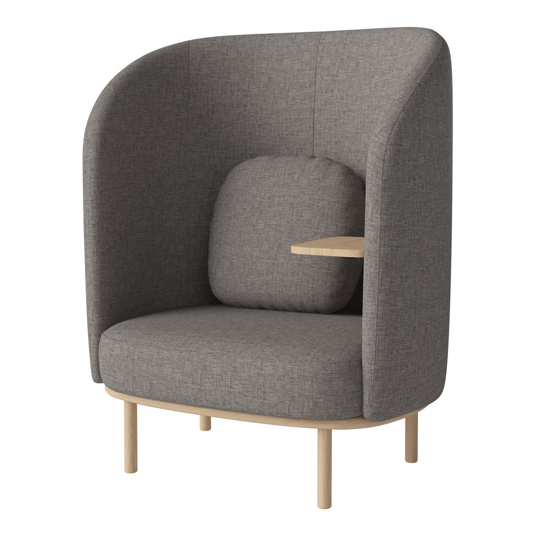 Stylish gray upholstered chair with a curved backrest and natural wood legs, featuring a modern minimalist design.