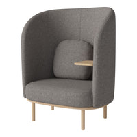 Stylish gray upholstered chair with a curved backrest and natural wood legs, featuring a modern minimalist design.