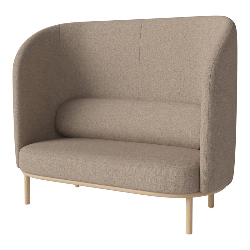 "Soft beige two-seater sofa with smooth, curved lines and a minimalist design, complemented by light wooden legs."