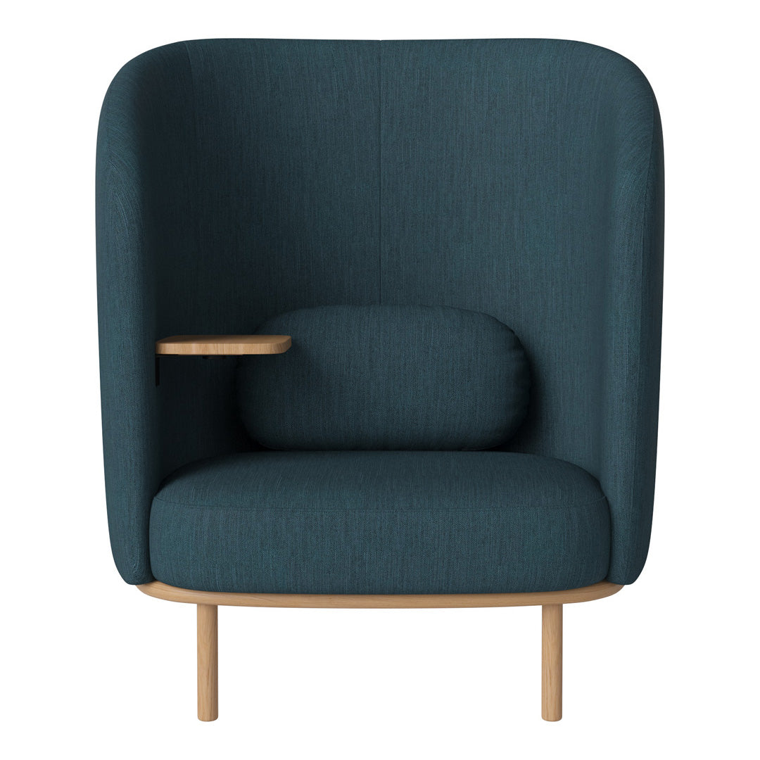 Teal upholstered armchair with a smooth fabric texture and natural wood accents. Modern and minimalistic design.