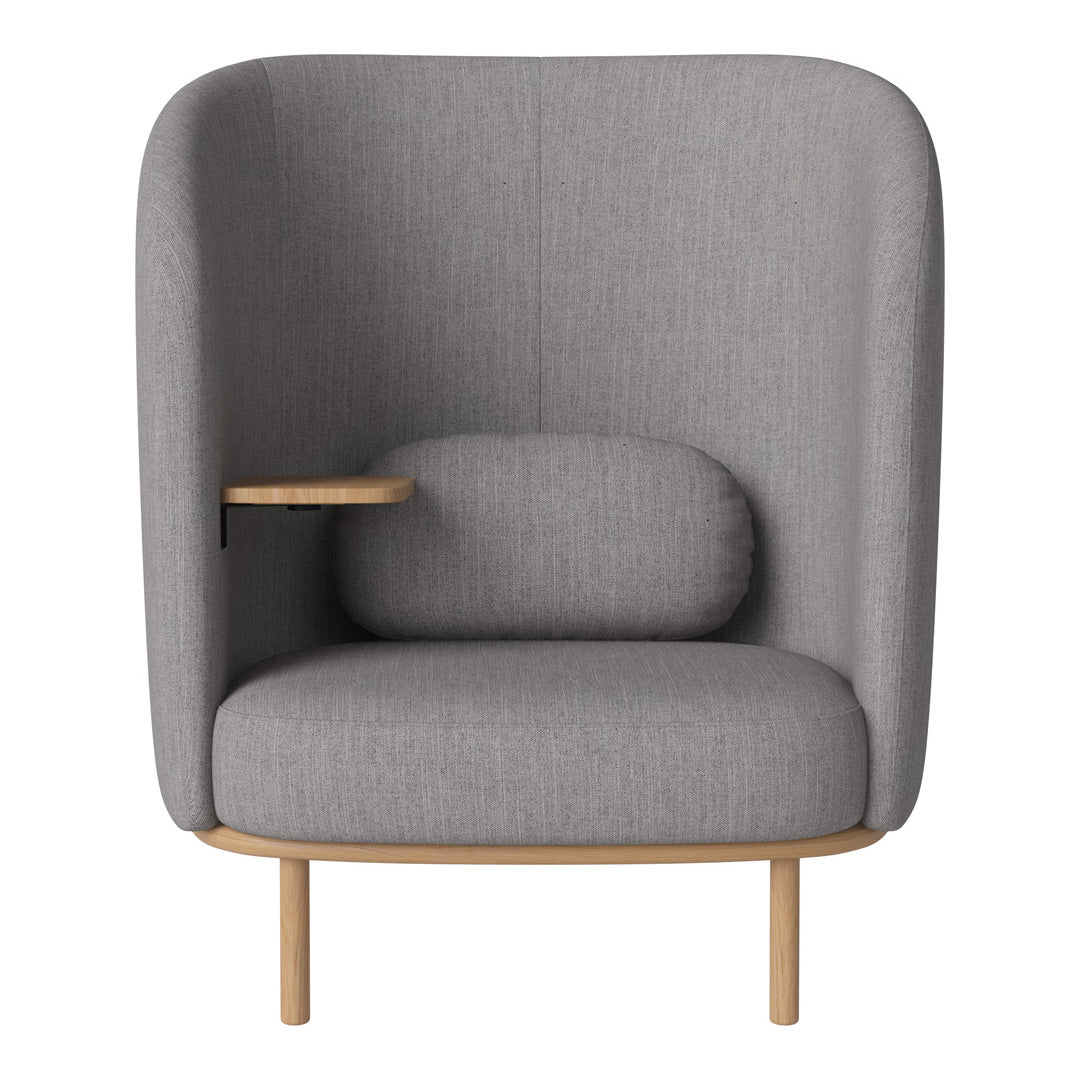 Gray upholstered armchair with a minimalist design, featuring a rounded back and light wooden legs.
