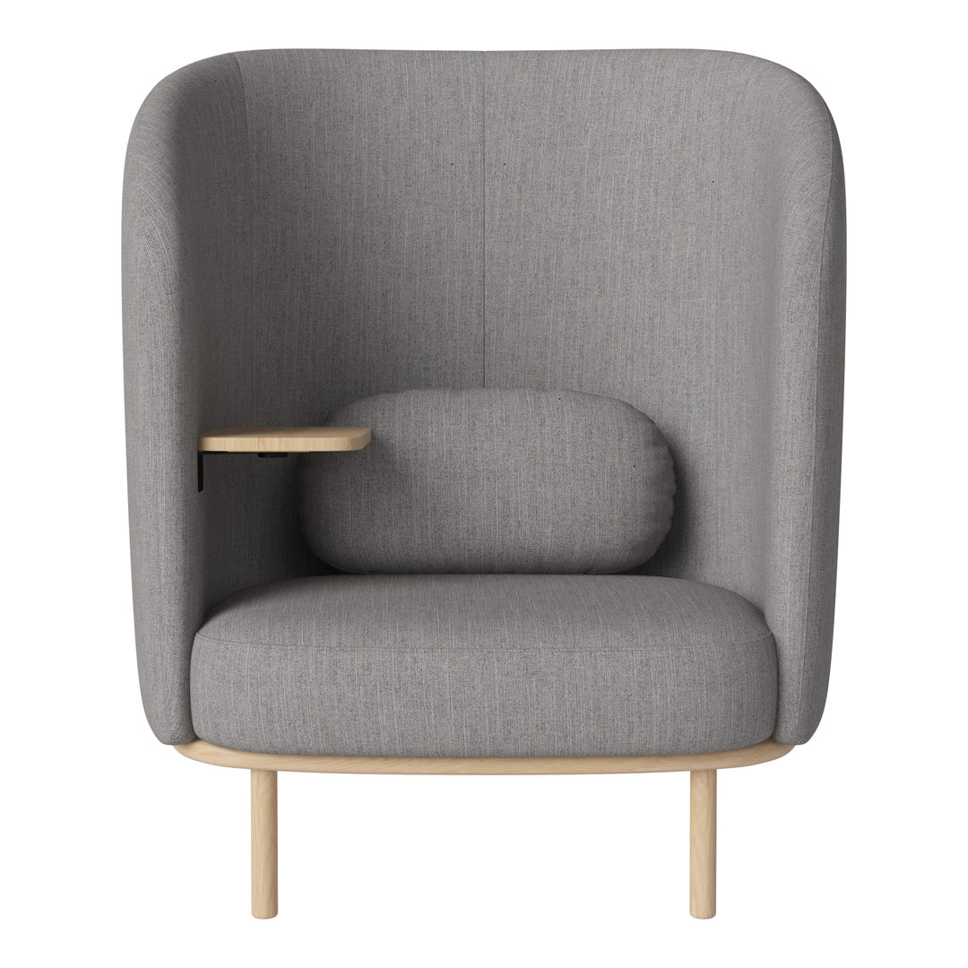 Modern gray fabric armchair with minimalistic design and light wood accents, featuring a smooth, uniform pattern.