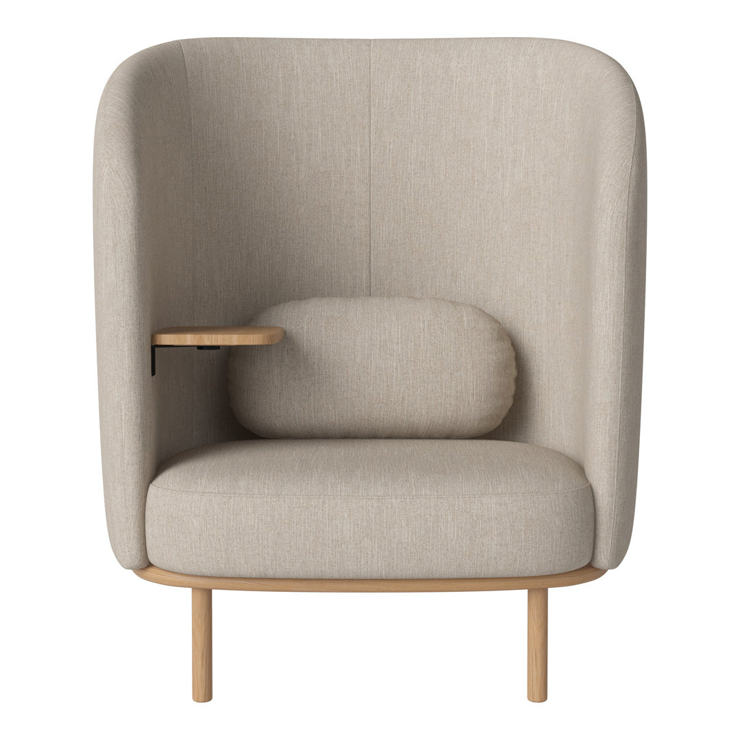 Beige upholstered chair with a minimalist design, featuring a curved back and wooden armrest.