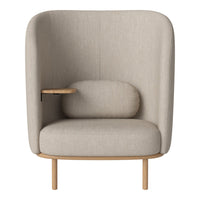 Beige upholstered chair with a minimalist design, featuring a curved back and wooden armrest.