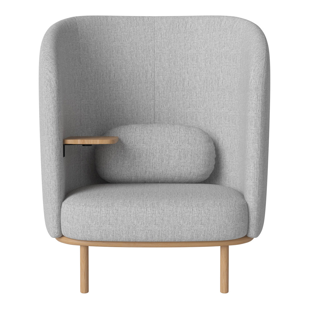 Light grey upholstered chair with a sleek, modern design and wooden armrest, ideal for contemporary spaces.