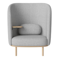 Light gray upholstered armchair with rounded back, featuring a wooden armrest and minimalist design.