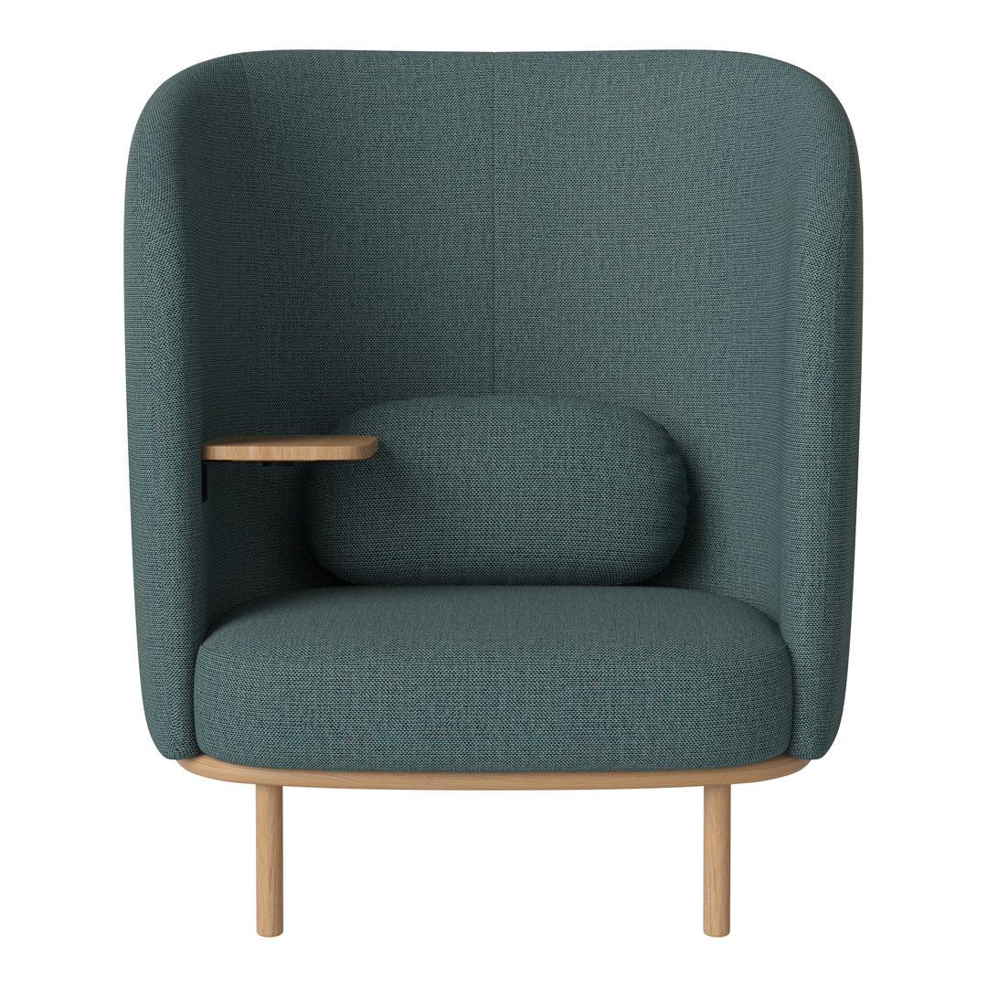 Teal upholstered chair with a textured pattern and natural wood legs, featuring a rounded backrest and side table.