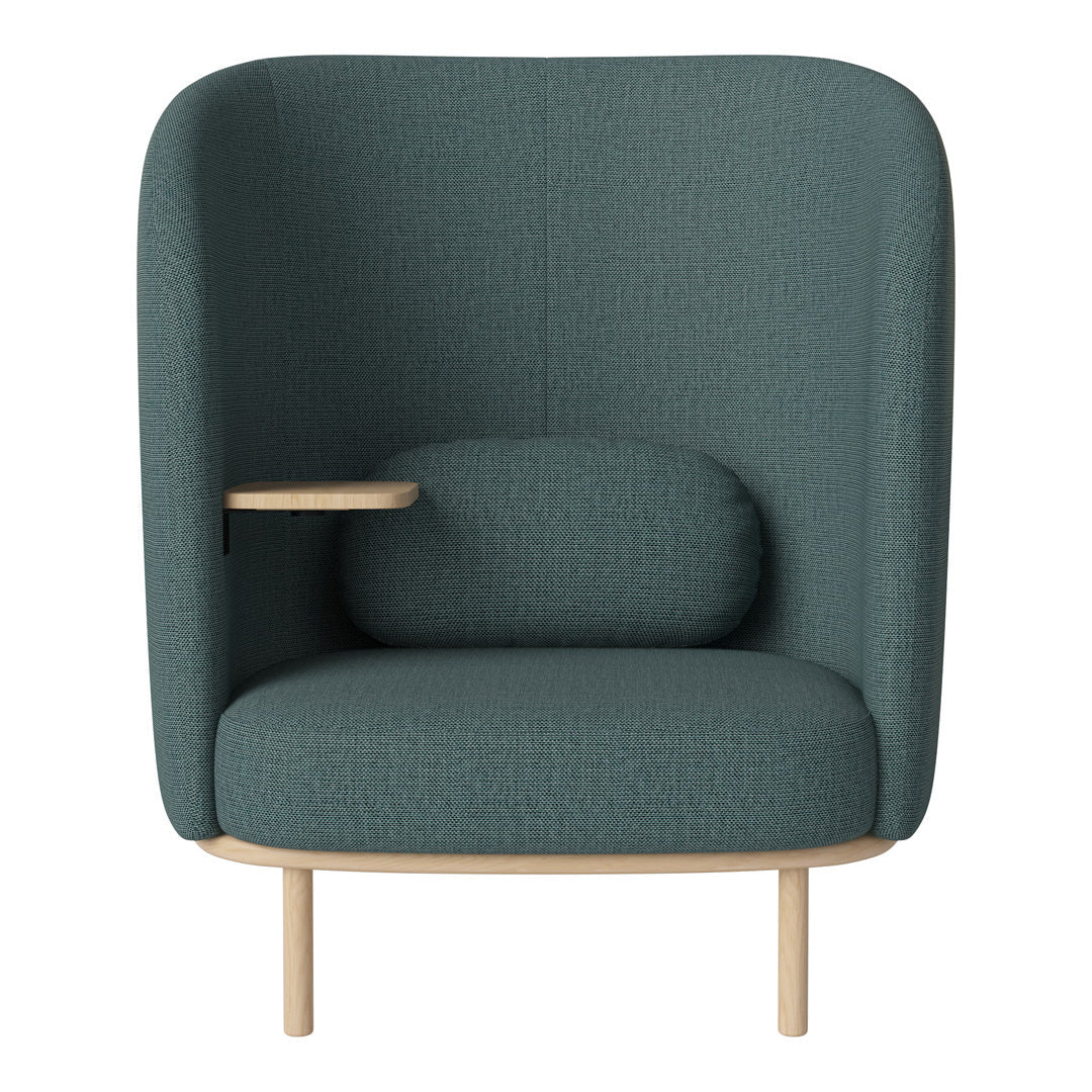 Teal upholstered chair with a textured pattern and light wood accents, featuring a curved back and integrated side table.