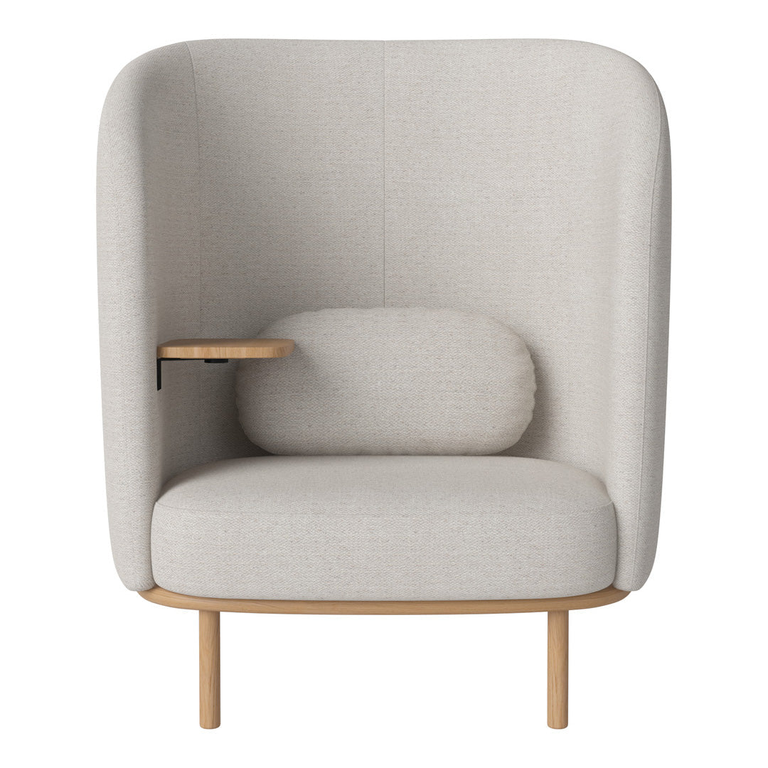 Light gray upholstered armchair with smooth, rounded edges and wooden legs, featuring a minimalist design.