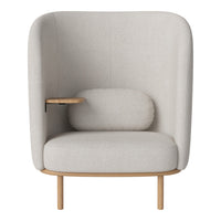 Light gray upholstered armchair with smooth, rounded edges and wooden legs, featuring a minimalist design.