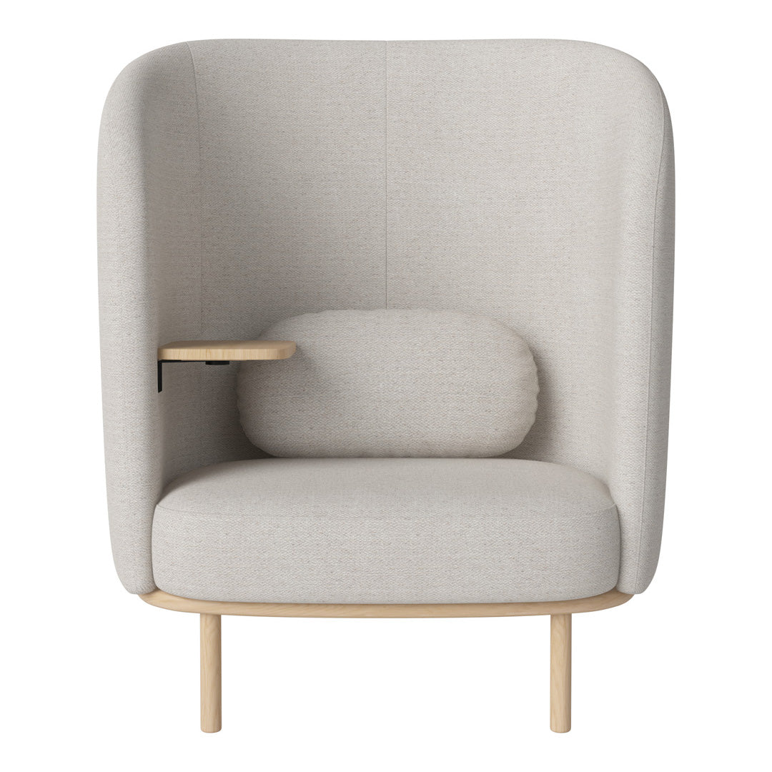 Light gray upholstered chair with a smooth texture and minimalist design, featuring a curved back and wood accents.