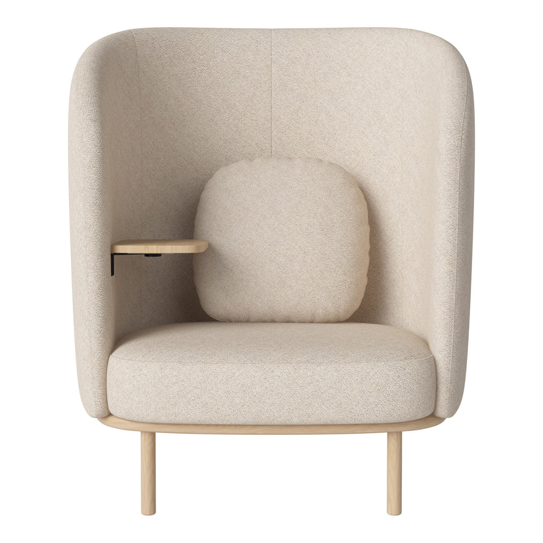 Beige upholstered chair with smooth, rounded edges and a minimalist wooden base, featuring a subtle textured pattern.
