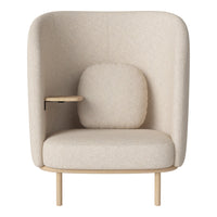 Beige upholstered chair with smooth, rounded edges and a minimalist wooden base, featuring a subtle textured pattern.