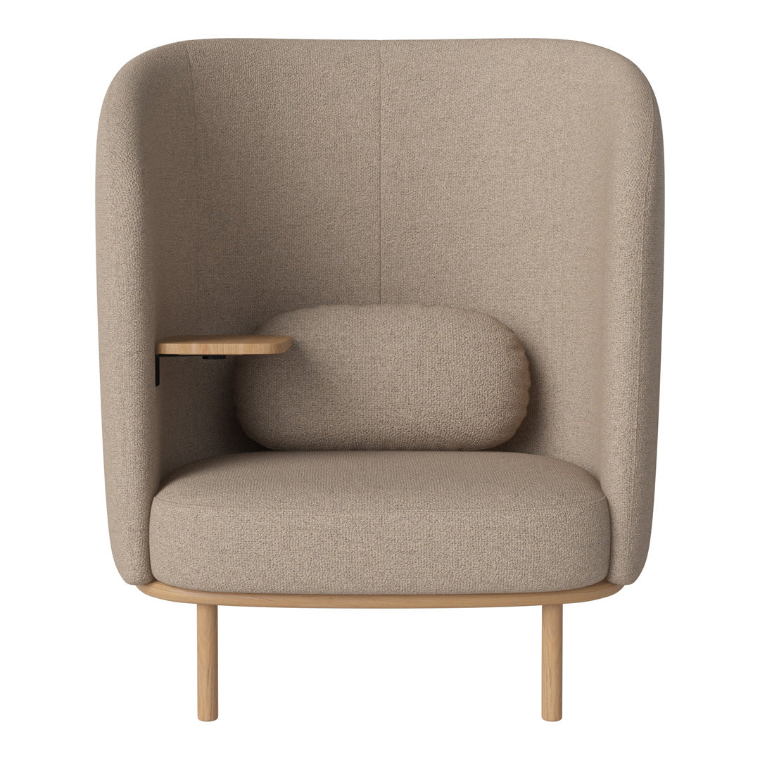 Beige upholstered armchair with smooth texture and wooden accents, featuring a minimalist design and cozy rounded cushions.