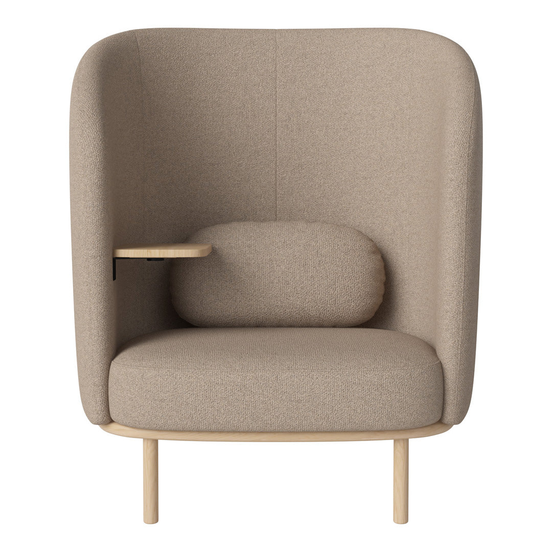 Beige upholstered chair with a smooth texture and minimalist design, featuring a wooden armrest and subtle curves.
