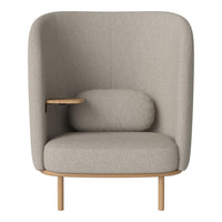 Gray upholstered armchair with a minimalist design, featuring a rounded shape and wooden accents.