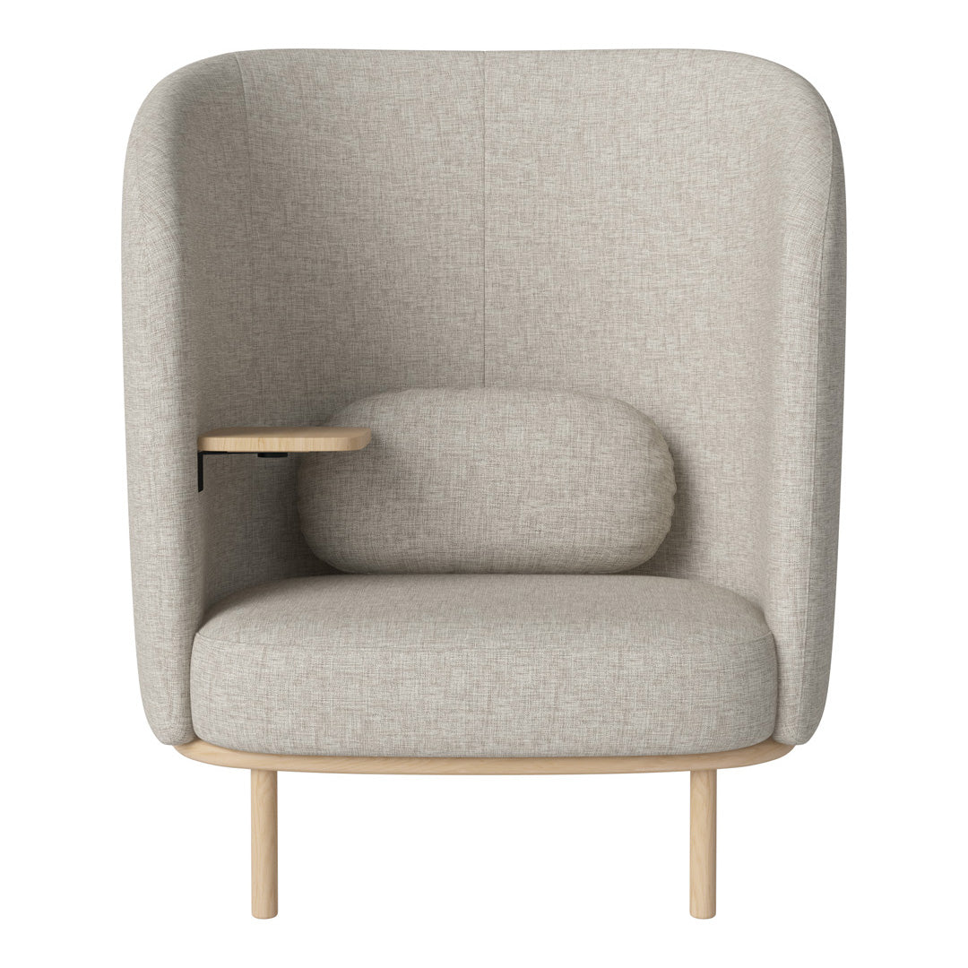 Light gray upholstered armchair with rounded contours and natural wood legs, featuring a minimalist design.