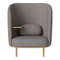 Stylish gray upholstered armchair with smooth texture and minimalist wooden accents. Modern design for any space.