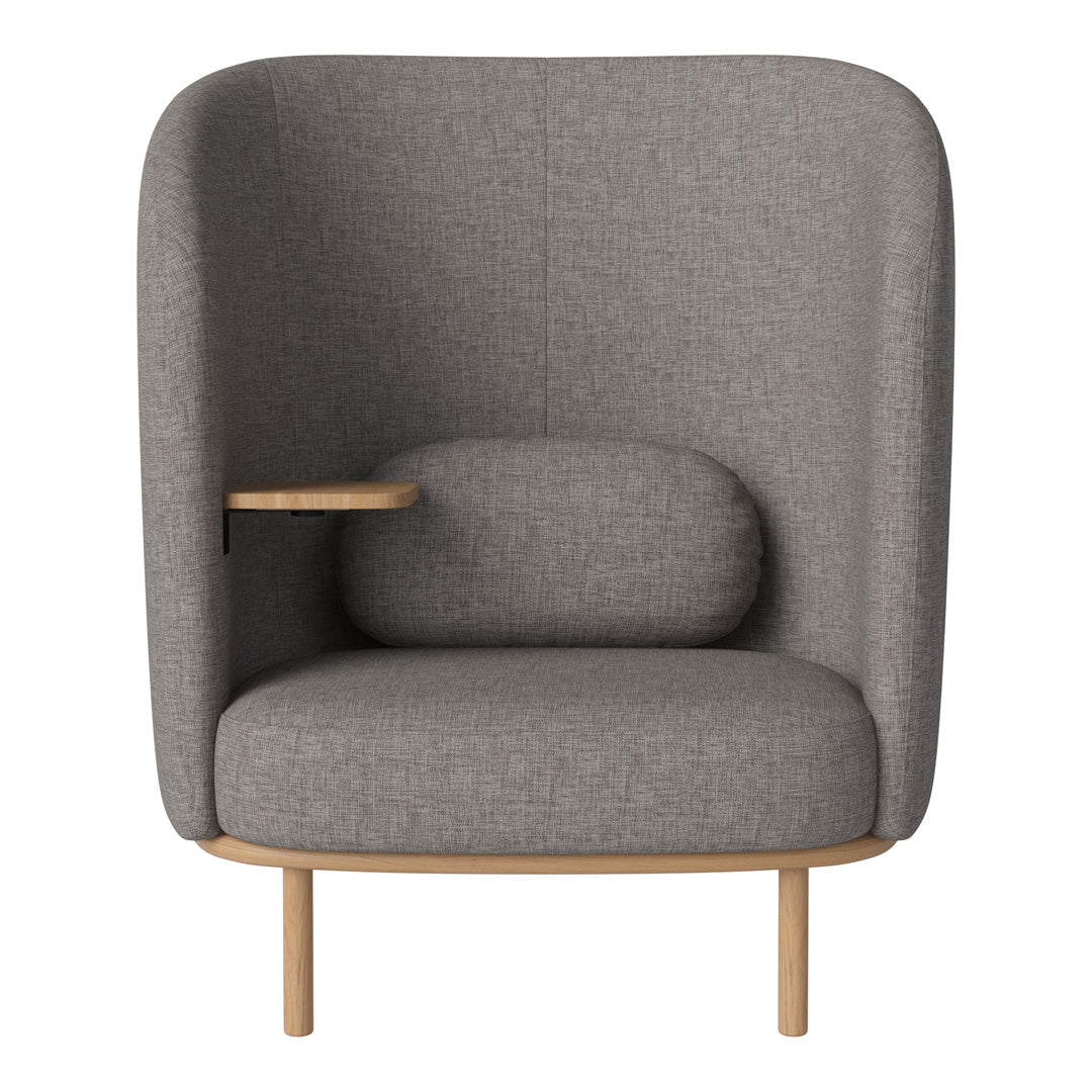 Stylish gray upholstered armchair with smooth texture and minimalist wooden accents. Modern design for any space.