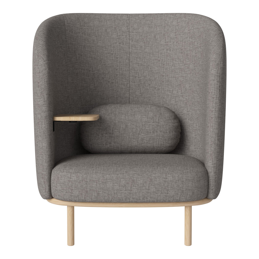 Gray upholstered chair with a smooth texture and natural wood legs, featuring a minimalist design and subtle patterns.