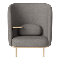 Gray upholstered chair with a smooth texture and natural wood legs, featuring a minimalist design and subtle patterns.