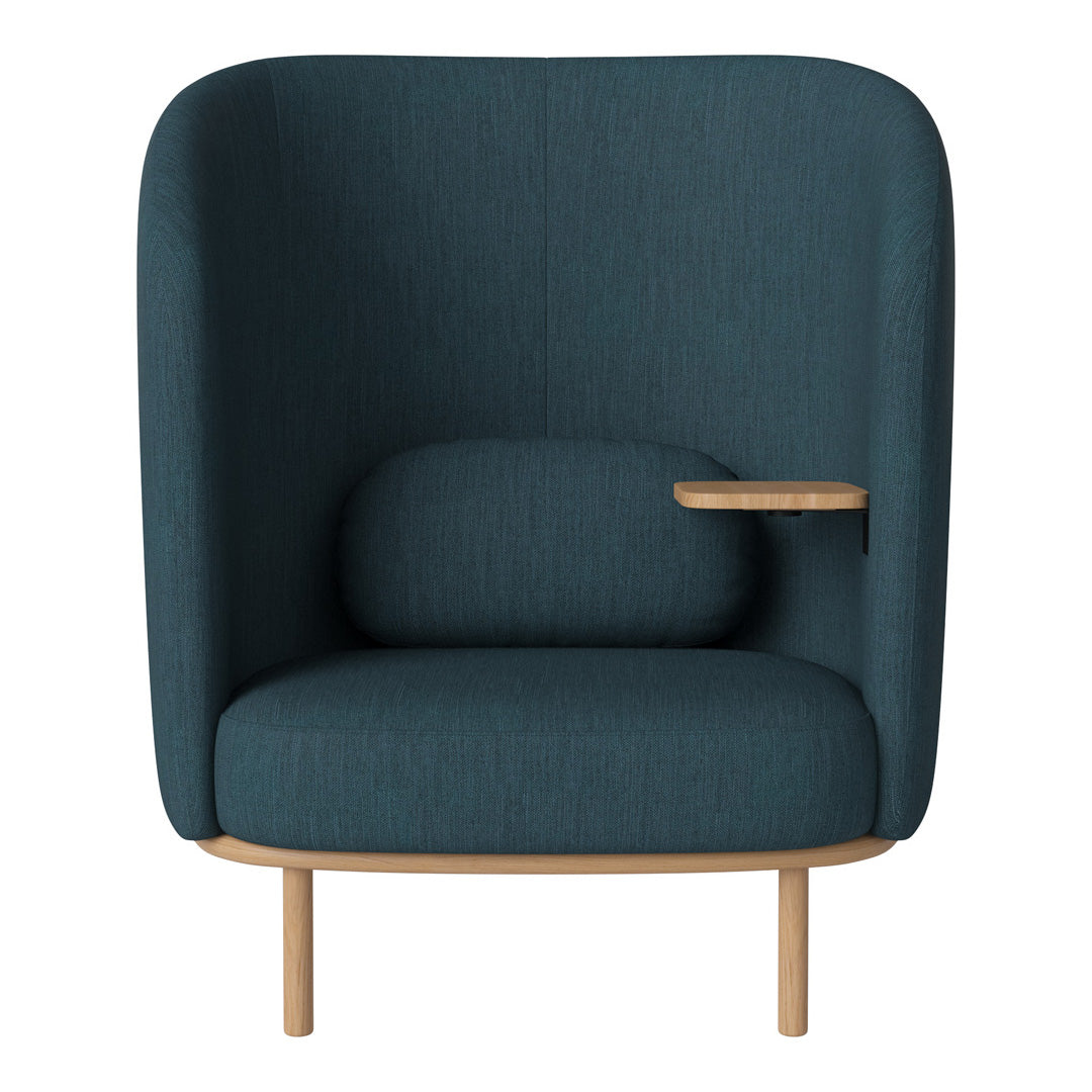 Teal upholstered chair with a smooth texture and wood accents, featuring a minimalist design and simple patterns.