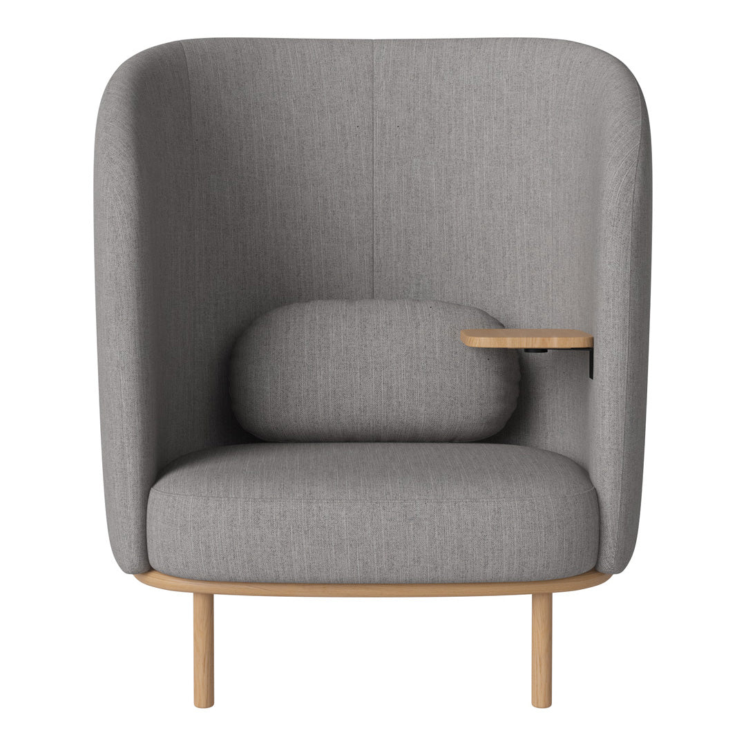 Stylish gray upholstered armchair with a smooth wooden base and seamless, minimalist design. Perfect for modern decor.