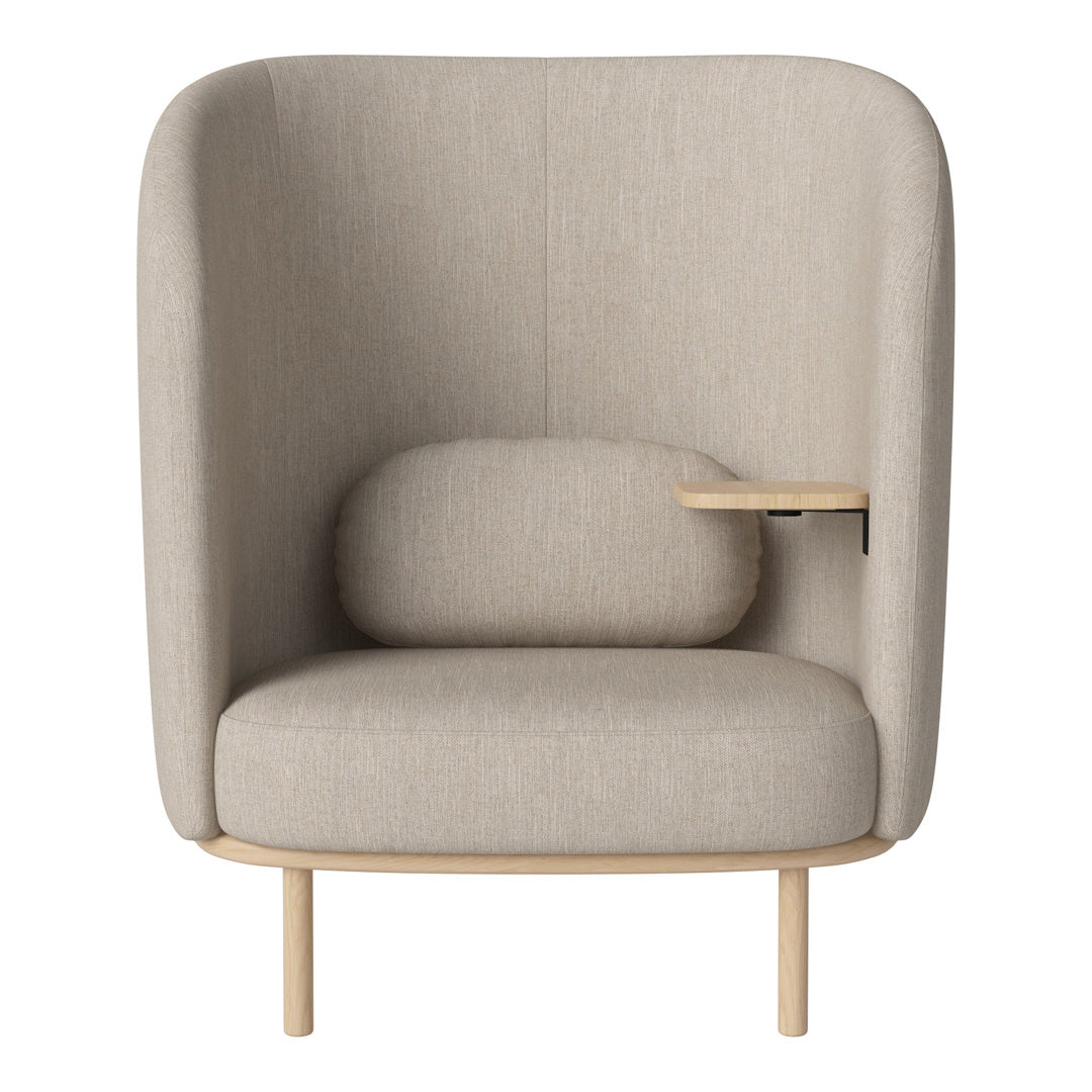 Light beige armchair with smooth fabric, curved backrest, and minimalist wooden frame. Perfect for a modern decor.